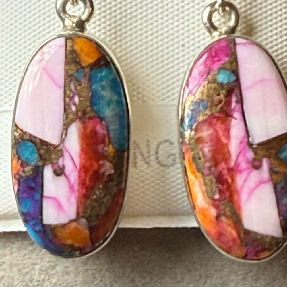 925 Sterling Silver spiny oyster copper turquoise earrings - Picture 2 of 5